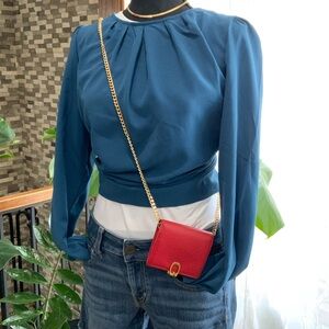 Gucci Red Pebbled Leather Bifold Wallet Gold G Mini Bag WOC Chain COA